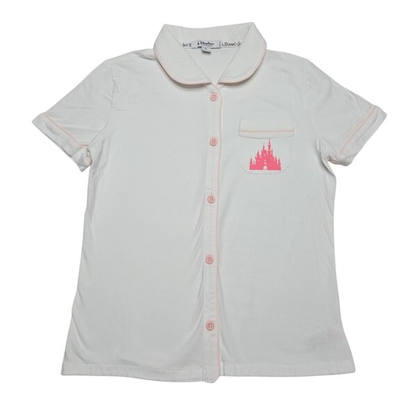 Disney Parks Pajama Top Womens Small White Pink Castle Stretch Sleepwear Shirt - Picture 2 of 13